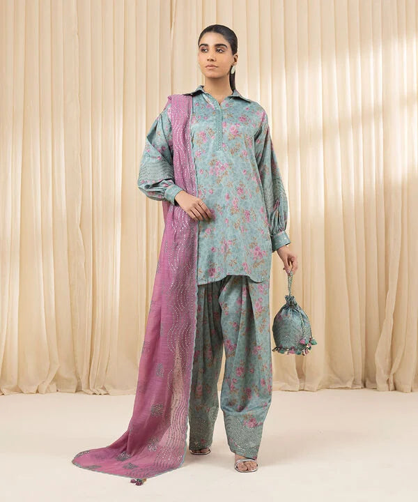 3 Piece - Embroidered Silk Suit