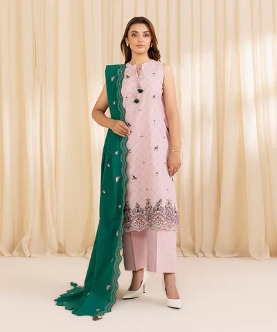 3 Piece - Embroidered Cotton Jacquard Suit